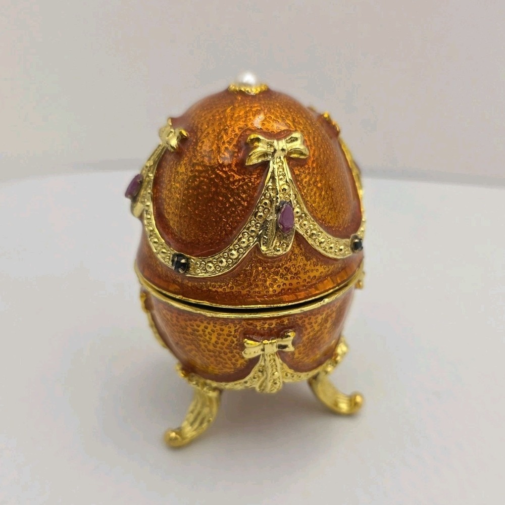 VTG Musical Jeweled Egg‎ Trinket Box Faberge Egg-style Farmer In Dell Gold READ
